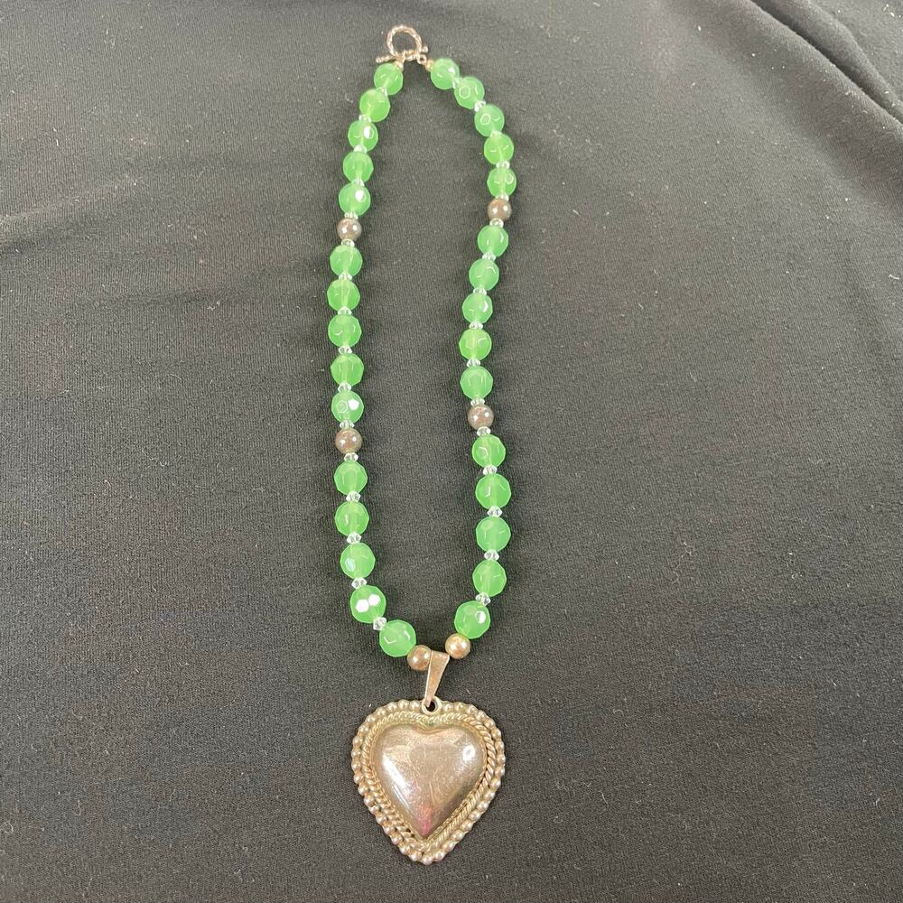Vintage Mexican Silver Green Beaded Necklace Heart Pendant - Women Necklaces